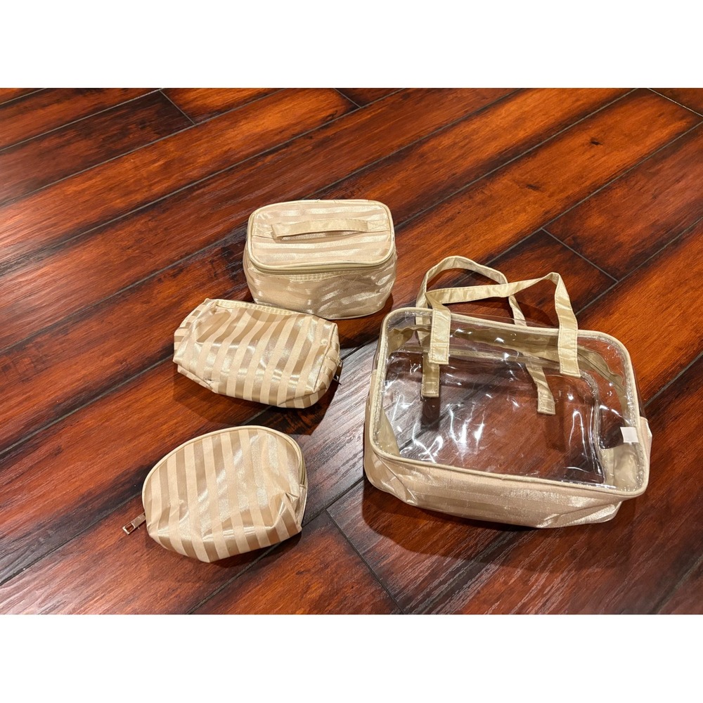 Bundle 4 Clear Cosmetic Bag Set Tan Makeup Toiletry Organizer Pouch Travel